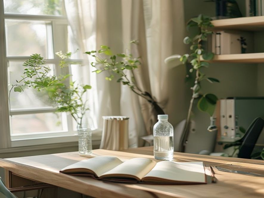 Flott arbeidsplassen med planter, notisblokk og kaffe—miljø for pedagogisk arbeid